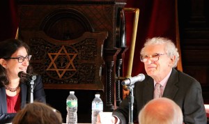 Chatting with lyricist Sheldon Harnick at Eldridge Street Synagogue.